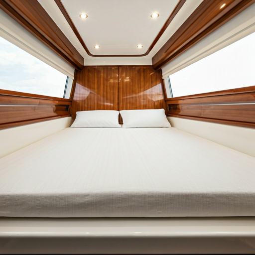 Luxury boat cabin interior with soft white linens and wooden accents