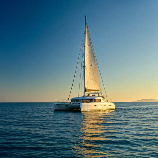 Luxury sailing catamaran gliding through crystal clear turquoise waters of Baja California at sunrise with soft golden light