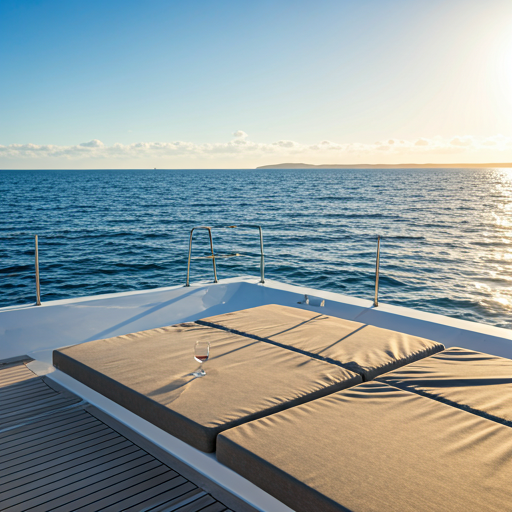 Close up of a luxury catamaran deck with linen cushions and a glass of wine overlooking the ocean