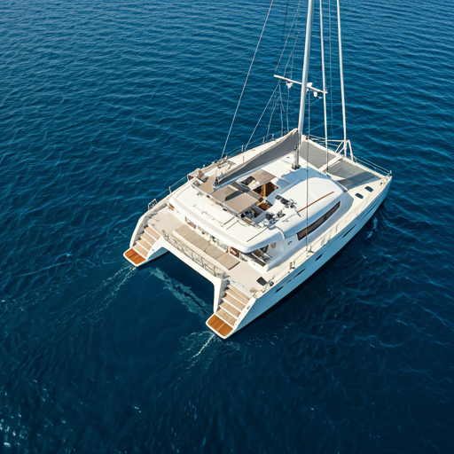 Overhead shot of a luxury catamaran with its white sails full catching the wind in a deep blue sea