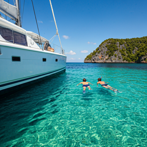Two people snorkeling in clear blue water next to a white catamaran hull in a remote bay